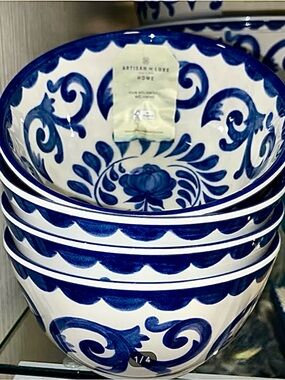 Set 4 Artisan De Luxe Blue Rose Scroll 6x3” Melamine Salad Cereal Bowls NEW